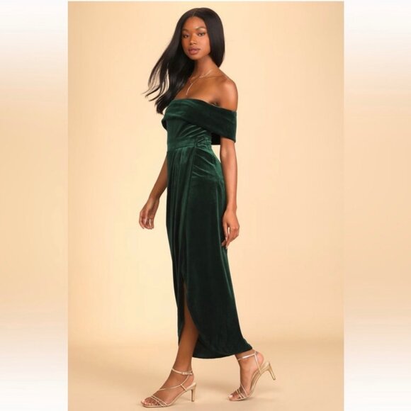 Lulu's I'm Enchanted Velvet Off-the-Shoulder Maxi Dress Holiday Green Size Large - Picture 4 of 10